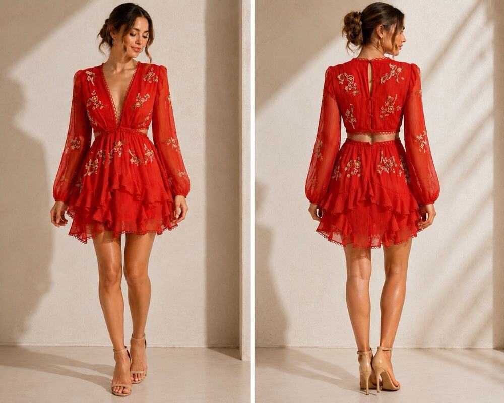ASOS Design Red Beaded Embroidered Ruffle Mini Dress Size US 4